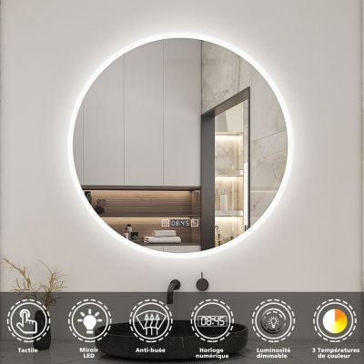 Miroir de salle de bain rond 80x80cm avec Horloge, LED, Tricolore, Anti-Buée, AICA SANITAIRE