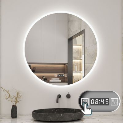 Miroir de salle de bain rond 80x80cm avec Horloge, LED, Tricolore, Anti-Buée, AICA SANITAIRE