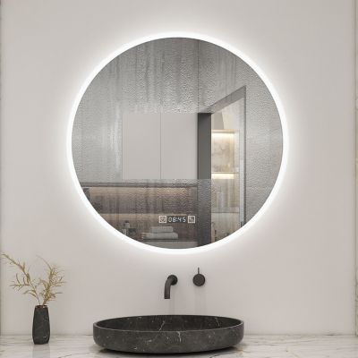 Miroir de salle de bain rond 80x80cm avec Horloge, LED, Tricolore, Anti-Buée, AICA SANITAIRE