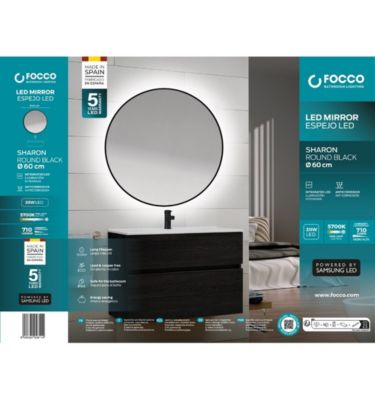 Miroir de Salle de Bain Rond avec Éclairage LED, Profil Latéral Noir, Lumière Froide (5700K) - Diamètre 60 cm - Modèle Sidney