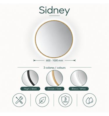Miroir de Salle de Bain Rond avec Éclairage LED, Profil Latéral Noir, Lumière Froide (5700K) - Diamètre 60 cm - Modèle Sidney