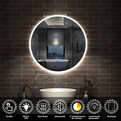 Miroir Salle De Bain LED 80x60cm - Bluetooth, Anti-buée, Dimmable, 3 Couleurs - Installation Murale Facile