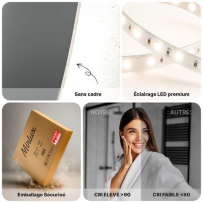 Miroir de salle de bain rond éclairé par LED 100 cm, antibuée, sans cadre