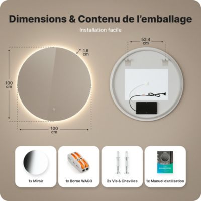 Miroir de salle de bain rond éclairé par LED 100 cm, antibuée, sans cadre