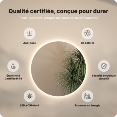 Miroir de salle de bain rond éclairé par LED 100 cm, antibuée, sans cadre