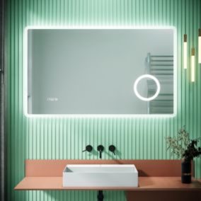 Miroir de Salle de Bain SIRHONA Miroirs LED 100x60cm avec 3X Loupe Prise pour, Affichage de L'heure et Fonction Anti-buée