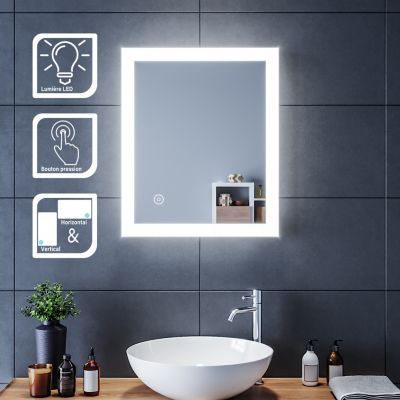 Miroir de Salle de Bains 60x50cm avec éclairage LED Miroir Cosmétiques Mural Lumière Illumination Commande par Effleurement