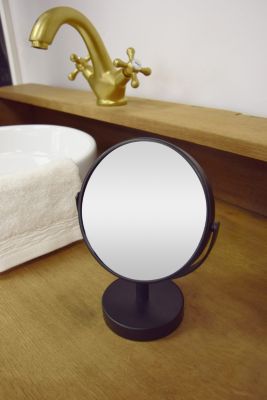 Miroir de salle de bains grossissant, rond, à poser, en métal noir