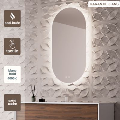 Miroir de Salle de Bains Lumineux Eclairage Intégré Led Rétro éclairé L50xH90 cm, On/Off et Anti-Buée, SANIZEO PALMA