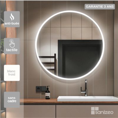Miroir de Salle de Bains Lumineux Eclairage Intégré Led Rétroéclairé Rond 70cm Fonction On/Off et Anti-Buée CRISTALED Delta