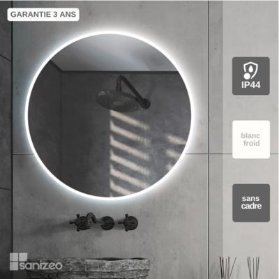 Miroir de Salle de Bains Lumineux Eclairage Intégré Led Rond 90CM contour Sablé CRISTALED Gamma