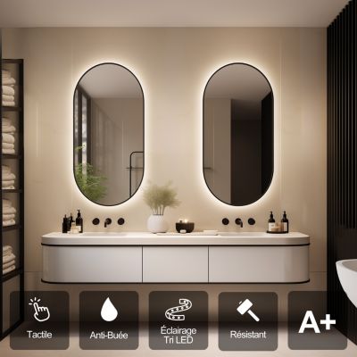 Miroir de Salle de Bains Lumineux Eclairage Intégré Tri Led Rétro éclairé L45xH90cm , On/Off et Anti-Buée, Noir Mat EMMA XPERTIALS
