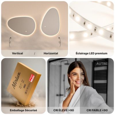 Miroir de salle de bains lumineux LED asymétrique 90 x 60 cm - Sans cadre - antibuée