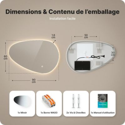 Miroir de salle de bains lumineux LED asymétrique 90 x 60 cm - Sans cadre - antibuée