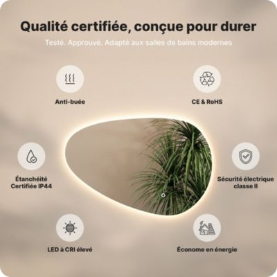 Miroir de salle de bains lumineux LED asymétrique 90 x 60 cm - Sans cadre - antibuée