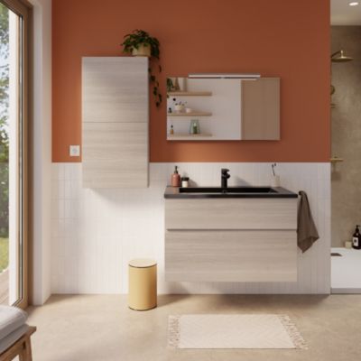 Miroir de salle de bains lumineux LED effet chêne l.90 cm, Calao