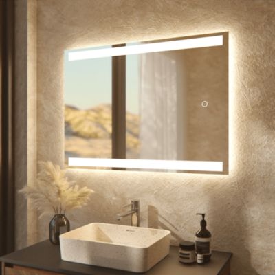 Miroir de salle de bains lumineux LED  rectangulaire 90x65 cm, Sans cadre, chauffant antibuée