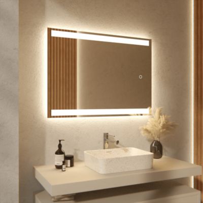 Miroir de salle de bains lumineux LED  rectangulaire 90x65 cm, Sans cadre, chauffant antibuée