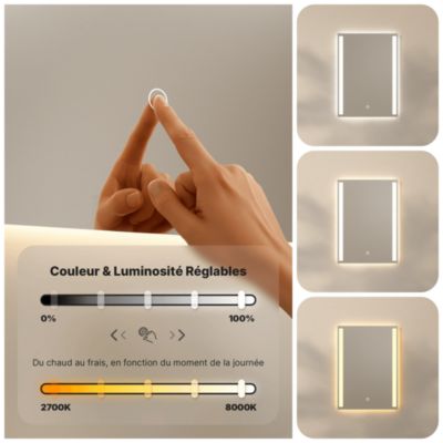 Miroir de salle de bains lumineux LED  rectangulaire 90x65 cm, Sans cadre, chauffant antibuée