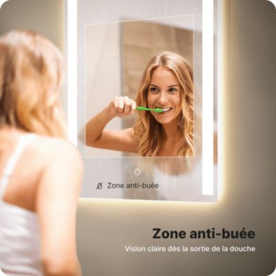 Miroir de salle de bains lumineux LED  rectangulaire 90x65 cm, Sans cadre, chauffant antibuée