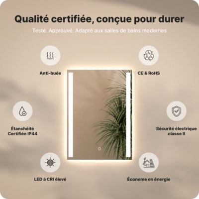 Miroir de salle de bains lumineux LED  rectangulaire 90x65 cm, Sans cadre, chauffant antibuée