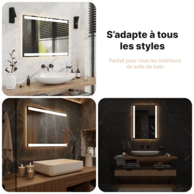 Miroir de salle de bains lumineux LED  rectangulaire 90x65 cm, Sans cadre, chauffant antibuée