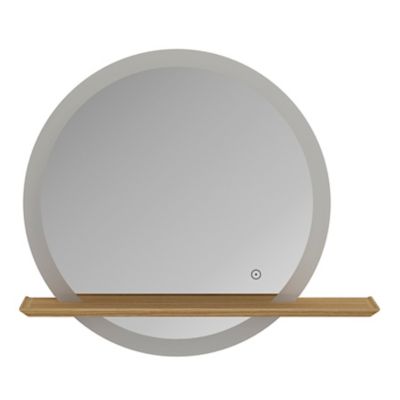 Miroir de salle de bains lumineux LED rond avec tablette bois, GoodHome Avela