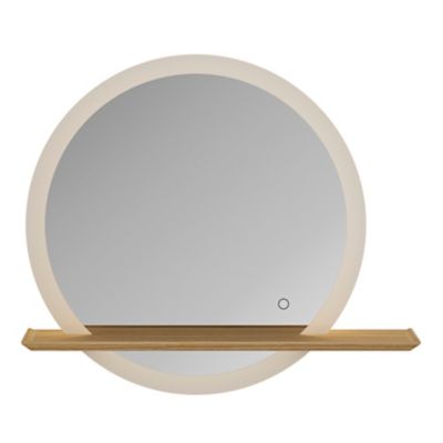 Miroir de salle de bains lumineux LED rond avec tablette bois, GoodHome Avela