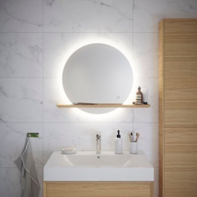 Miroir de salle de bains lumineux LED rond avec tablette bois, GoodHome Avela