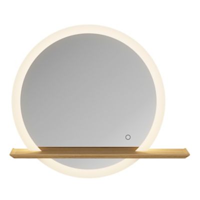 Miroir de salle de bains lumineux LED rond avec tablette bois, GoodHome Avela