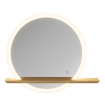 Miroir de salle de bains lumineux LED rond avec tablette bois, GoodHome Avela