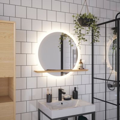 Miroir de salle de bains lumineux LED rond avec tablette bois, GoodHome Avela