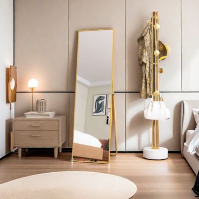 Miroir en Pied Grand, 140x40 cm, Grand Miroir de Sol Pleine Longueur, Suspendu, Rectangulaire, Doré