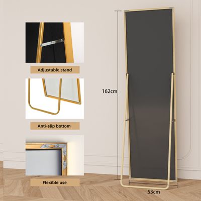 Miroir en Pied Grand, 162x53 cm, Grand Miroir de Sol Pleine Longueur, Suspendu, Rectangulaire, Doré