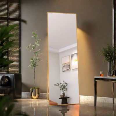 Miroir en Pied Grand, 162x53 cm, Grand Miroir de Sol Pleine Longueur, Suspendu, Rectangulaire, Doré