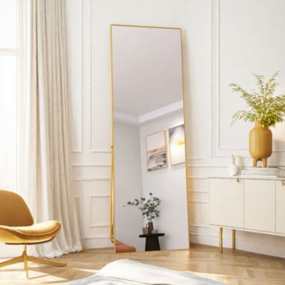 Miroir en Pied Grand, 162x53 cm, Grand Miroir de Sol Pleine Longueur, Suspendu, Rectangulaire, Doré