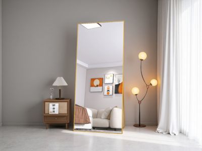 Miroir en Pied Grand 180x80 cm, Miroir pleine longueur, Utilisable au sol ou mural, Rectangulaire, pour Salon, Dressing, Doré