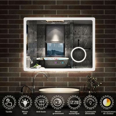 Miroir LED antibuée 120x70 avec zone grossissante X3 température de couleur réglable SANILAND