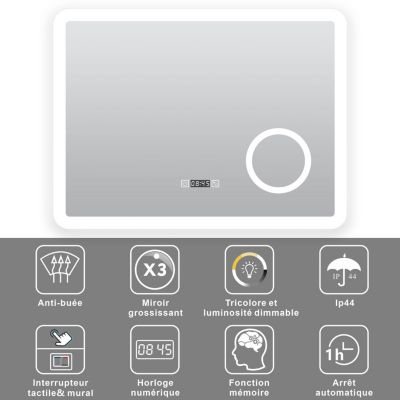 Miroir LED antibuée 120x70 avec zone grossissante X3 température de couleur réglable SANILAND