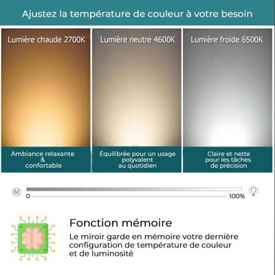 Miroir LED antibuée 120x70 avec zone grossissante X3 température de couleur réglable SANILAND