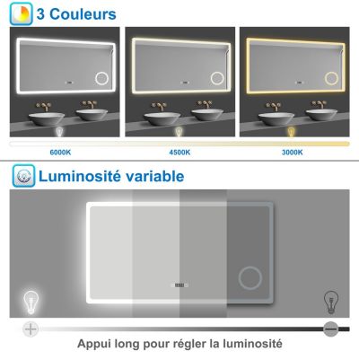 Miroir LED antibuée 120x70 avec zone grossissante X3 température de couleur réglable SANILAND