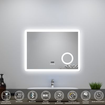 Miroir LED de salle de bain 100x60cm avec Bluetooth et horloge numérique, 3 couleurs réglables,miroir anti-buée,Ocean Sanitaire