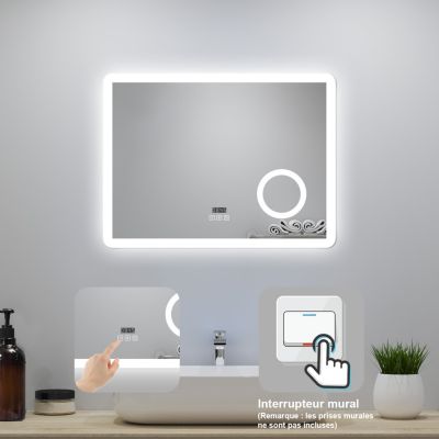 Miroir LED de salle de bain 100x60cm avec Bluetooth et horloge numérique, 3 couleurs réglables,miroir anti-buée,Ocean Sanitaire