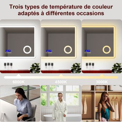 Miroir LED de Salle de Bain 120x70cm avec Bluetooth,Anti-Buée,Éclairage Tricolore,Écran Numérique,Mémoire,Ocean Sanitaire
