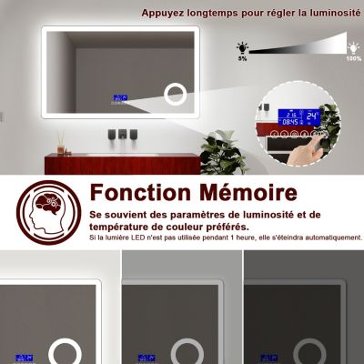 Miroir LED de Salle de Bain 120x70cm avec Bluetooth,Anti-Buée,Éclairage Tricolore,Écran Numérique,Mémoire,Ocean Sanitaire