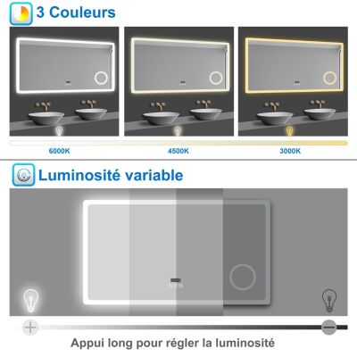 Miroir LED de salle de bain 120x70cm avec Bluetooth et horloge numérique, 3 couleurs réglables,miroir anti-buée,Ocean Sanitaire