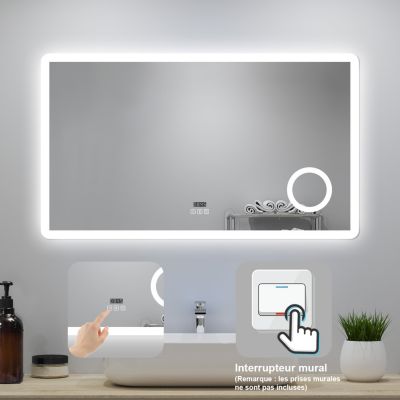 Miroir LED de salle de bain 120x70cm avec Bluetooth et horloge numérique, 3 couleurs réglables,miroir anti-buée,Ocean Sanitaire