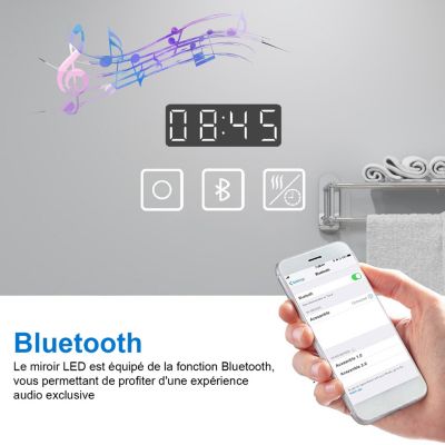 Miroir LED de salle de bain 120x70cm avec Bluetooth et horloge numérique, 3 couleurs réglables,miroir anti-buée,Ocean Sanitaire
