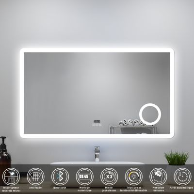 Miroir LED de salle de bain 140x80cm avec Bluetooth et horloge numérique, 3 couleurs réglables,miroir anti-buée,Ocean Sanitaire