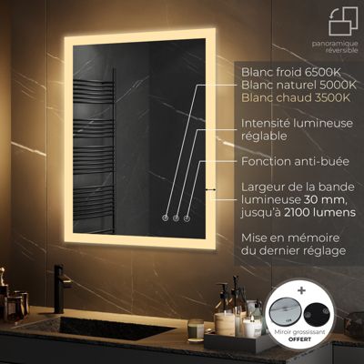 OCEAN Miroir de salle de bain anti-buée avec Bluetooth, Miroir lumière